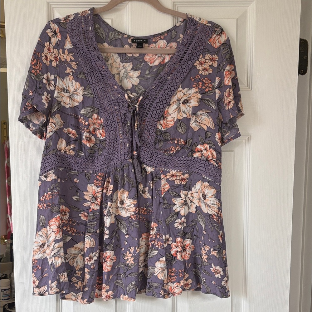Torrid Purple Floral Blouse with Lace Detail